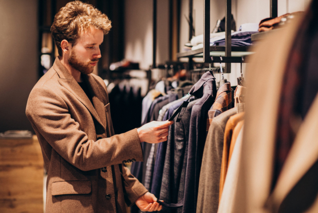 Young handsome man choosing cloth at shop